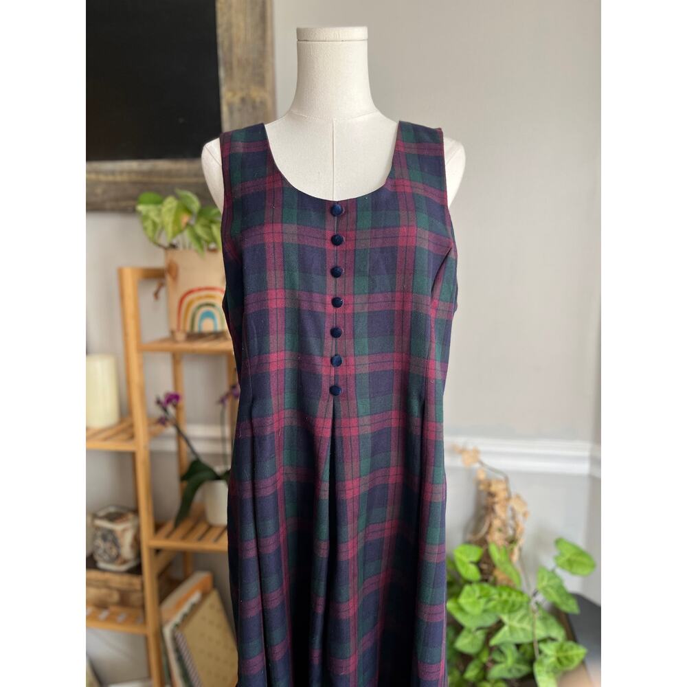 Vintage 90s Plaid Maxi Dress Sleeveless Pleated Dark Plaid Size Medium